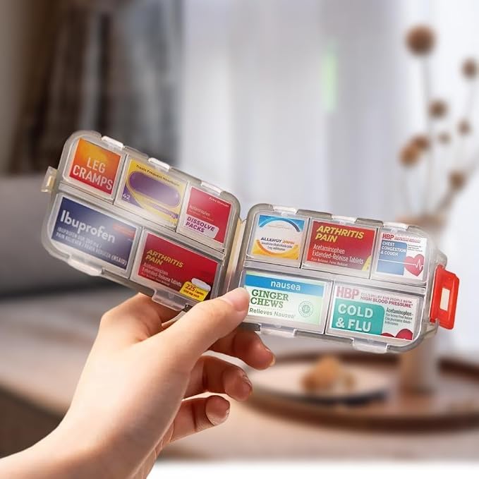 Pill Organizer with 161 Medicine Labels, Daily Travel Pill Case (Purple) | Compact 10-compartment pill case and pill box with 161 medicine labels for 7-day planning, vitamins, supplements, and travel