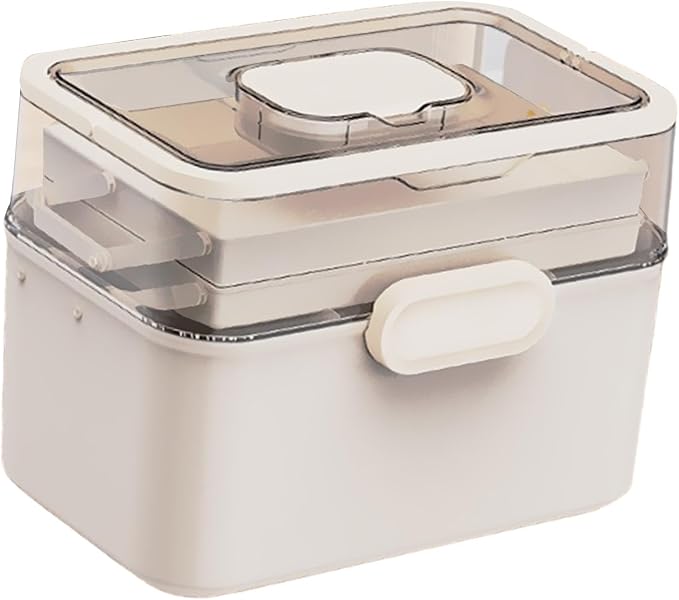 Portable Medicine Box Multi Layer Organizer, 11.2x6.7x8.3 inch, White PP & PET Material for Bathroom Office Travel