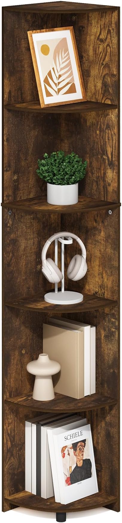 Furinno ECON Corner Shelf, 5-Tier Corner Book Shelf, Storage Shelves, Display Rack, Bookshelf, for Organization and Storage, Living Room, Home Office, Amber Pine