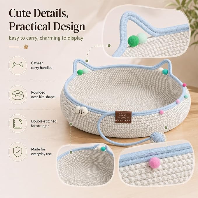 Cat Basket Bed with Cushion and Hanging Ball Toy, Handwoven Cotton Rope Cat Bed Basket, Boho Nesting Pet Bed for Kittens Puppies Scratchable Woven Cat Nest Lounger Sleeping & Playing，A：Medium