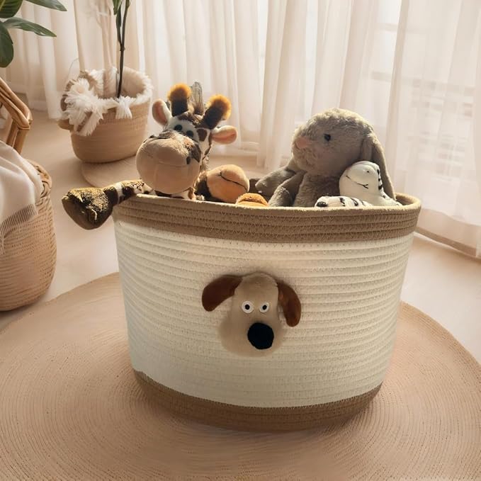 Bellar Kids Cute Animal Toy Basket,Medium Woven Storage Baskets For Children Toys & Baby Hamper Laundry,Cute Dog Decorative Organize For Children's Room 13"x10"