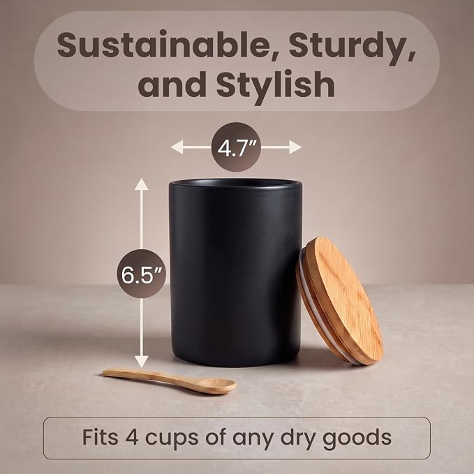 Arthausen Black Ceramic Storage Jar Canister for Flour Sugar - Airtight Bamboo Lid w/Silicone Seal, Spoon - Modern Abstract Art Design for Kitchen Counter Bathroom - 4 cup / 1080mL
