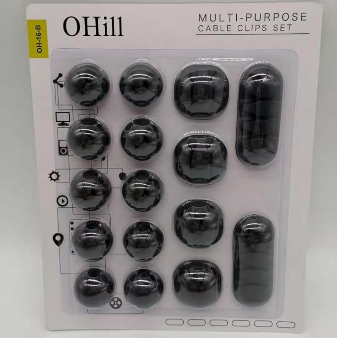 16-Pack Black Cord Organizer - Adhesive Cable Clips Holder for Desk, Wall, Car - Wire Management Clips for iPhone Charger, USB, Computer Cables -Cord Keepers with Strong Sticky Backing