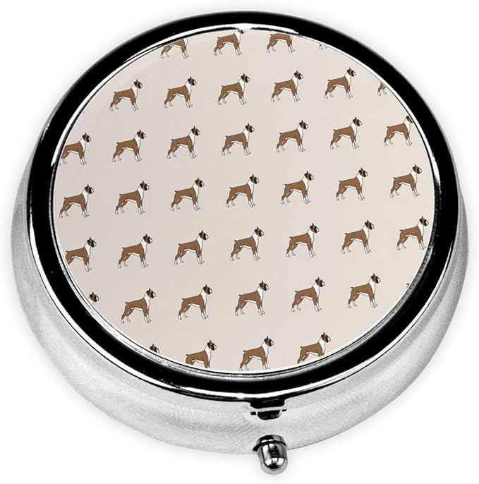 Mini Pill Dispenser, Boxer Dog Pattern Dog Lover Pet Round Sturdy Case, Travel Organizer for Supplements, Pocket Purse Container for Business Trips