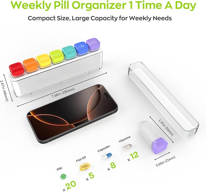 HIONXMGA Weekly Pill Organizer, Detachable 7-Color Pill Box, Easy Tracking | Portable Travel Pill Case Container for Daily Vitamin Supplement Fish Oil, Silicone-Seal, Lasting Labels, Quick Fill (White)
