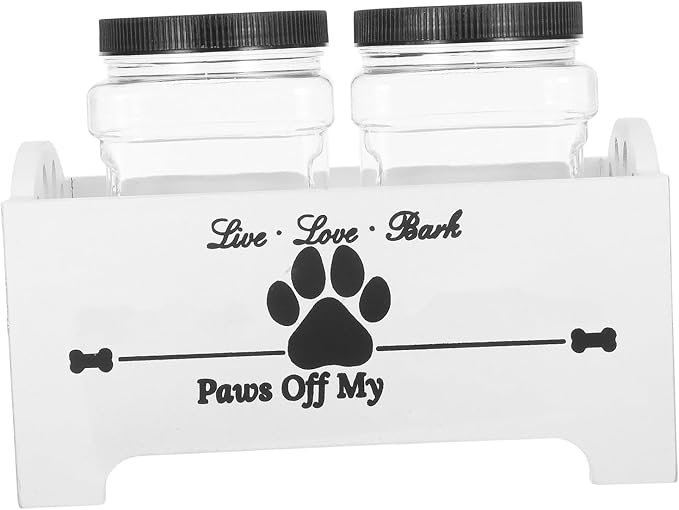 HOMSFOU Wooden Dog Treat Container Box with Airtight Lid and Double Jars, Pet Food Storage Organizer for Household Use, White Crate Suitable for Dog Snacks and Biscuits