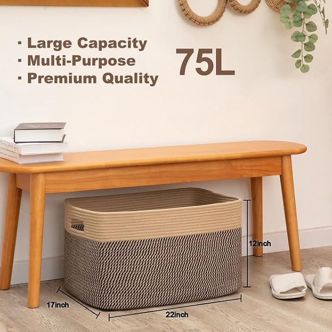 75L Large Cotton Rope Basket, Soft Toy Storage Bin for Nursery & Living Room, Decorative Blanket Basket for Bedroom, Baby-Safe Organizer for Pillows &Laundry, 22''×17''×12'', Brown & Black