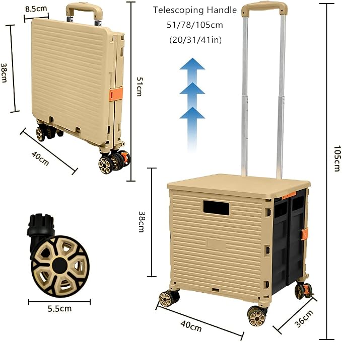 FELICON SELORSS Foldable Utility Cart Folding Portable Rolling Crate-Khaki | Durable,Heavy Duty,Plastic Box,Telescoping Handle,4 Rotate Wheels,Collapsible Handcart for Travel Shop Move Luggage Office