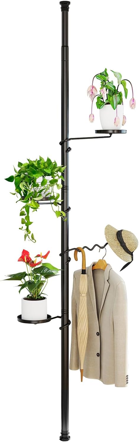 BAOYOUNI 4 Tier Plant Stand Pole Tension Rod Adjustable Flower Display Rack | Spring Loaded Indoor Floral Hanger Storage Shelf with 3 Trays & 1 Wave Hook, Black - Space Saving Vertical Garden Organizer