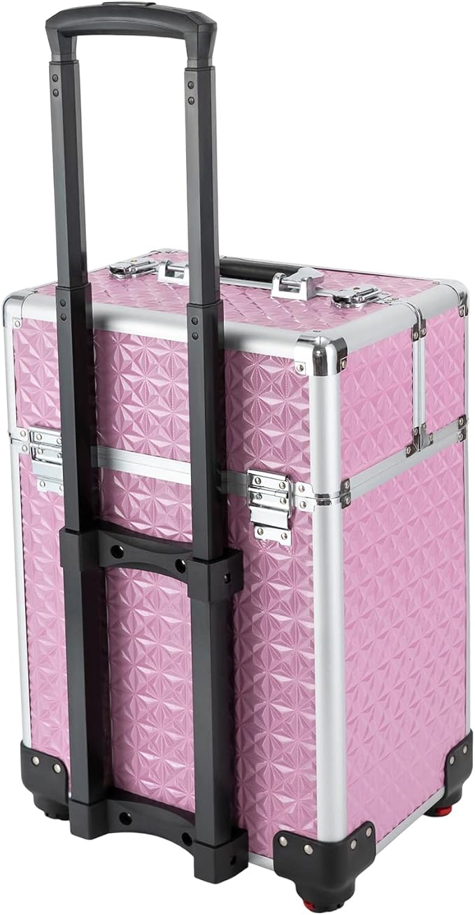 Rolling Makeup Train Case with Drawers, Cosmetic Travel Trolley, Storage Sliding Drawer 4 Tray Cosmetics Beauty Organizer Lockable Luggage Trolley w/ Wheels for Makeup/Nail Art/Hair Styling (Pink)