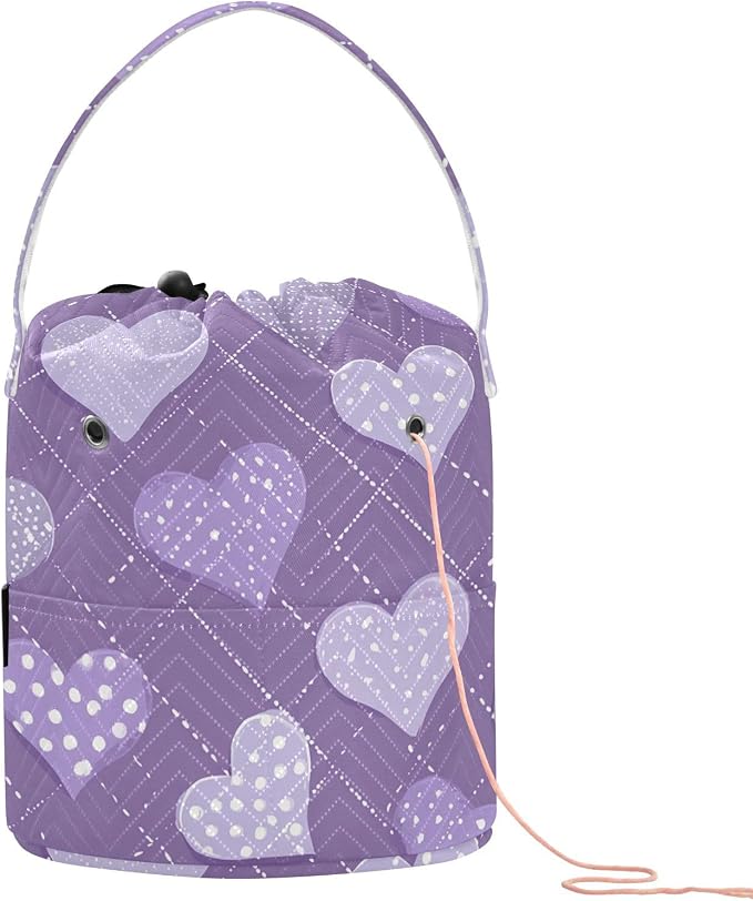 Tatenale Crochet Bag Yarn Bag Knitting Project Bag with Pockets and Handle Portable Yarn Storage Organizer Tangle Free 8.3x11 Inch Lavender Romantic Hearts Valentines Gifts