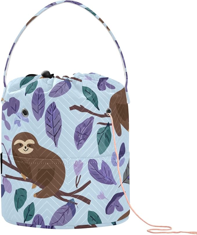 Tatenale Crochet Bag Yarn Bag Knitting Project Bag with Pockets and Handle Portable Yarn Storage Organizer Tangle Free 8.3x11 InchCartoon Sloths Branch Purple35