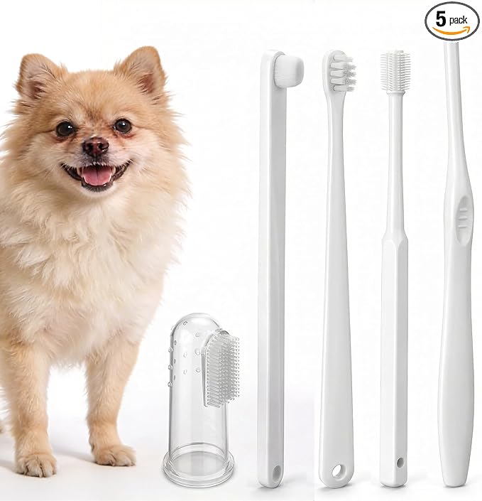 Tucnoeu 5pcs Puppy Toothbrush Kit, Small Dog Dental Care Set with Soft White Bristles, Multi-Functional Brushing for Tartar Removal and Fresh Breath