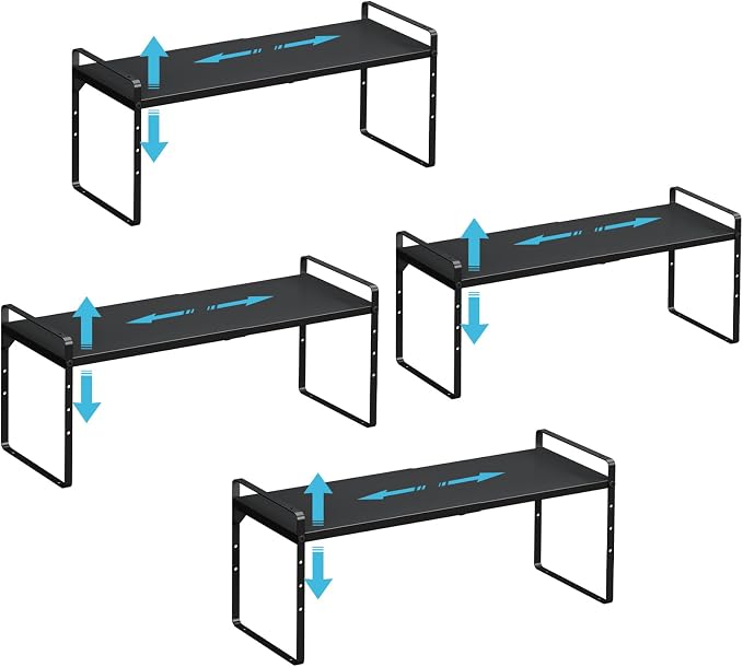 15.5 to 25.5 Inch Kitchen Cabinet Shelf Organizers，Kitchen Shelf Organizer | Adjustable Counter Organizer, Set of 4 Expandable Countertop Storage Shelves, Stackable Design, 30LBS Heavy Duty, Space Saver