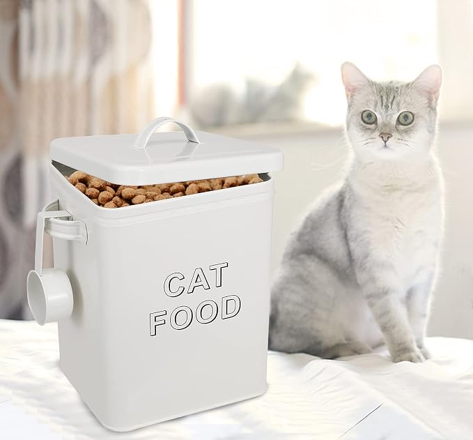 Pethiy Cat Food and Treats Containers Set with Scoop for Cats or Dogs -Tight Fitting Wood Lids - Coated Carbon Steel - Storage Canister Tins-Cat-White
