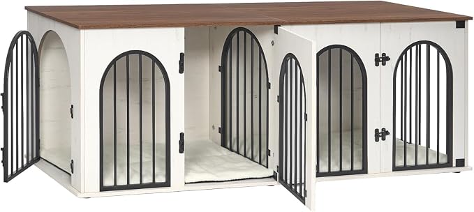 Hzuaneri 70.9" Double Dog Crate Furniture, Dog Kennel Indoor with Cushion | Heavy Duty Dog Crate Furniture for 2 Dogs,Dog Cage End Table TV Stand with Divider for Med-Large Dogs,White Brown DFC81914B