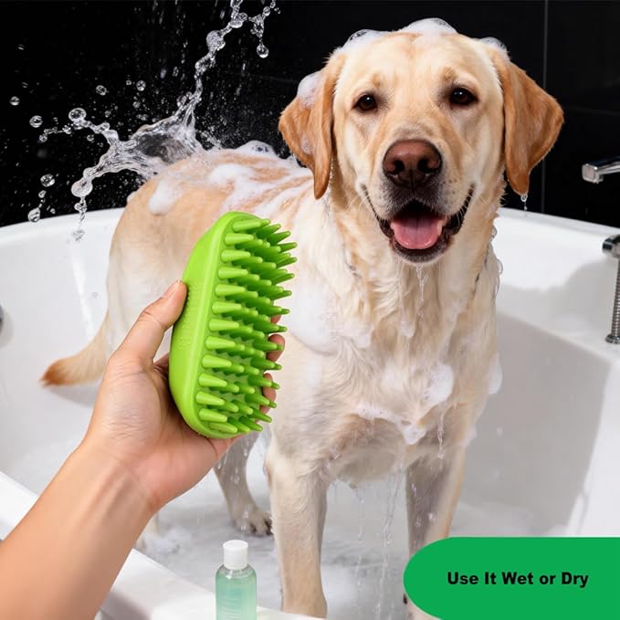Rubber Curry Brush for Short Haired Dogs, Soft Curry Comb with Long Pins, Silicone Pet Brush, Use Wet as Bath Scrubber or Dry for Grooming Loose Hair