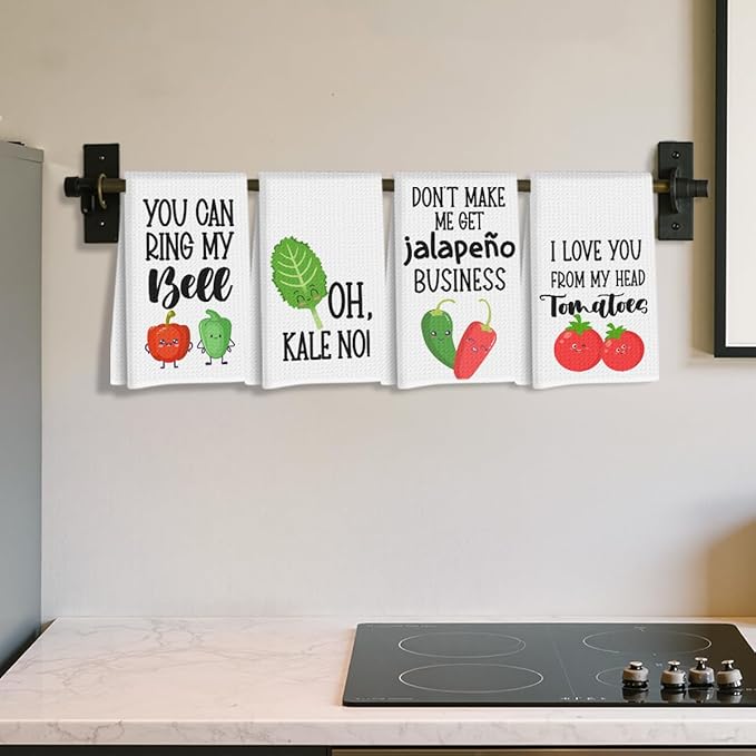 4Pcs Funny Chili Kitchen Towels 24x14 Inch, Chili Pepper Tomato Decor Microfiber Reusable Tea Towels for Kitchen Farmhouse, Durable Waffle Dish Drying Towel, Housewarming Gifts for Women Mom