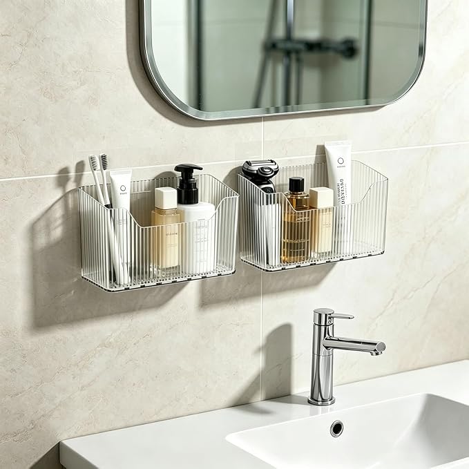 4 Pack Cabinet Door Organizer, Adhesive Wall Mounted Stackable Clear Storage Basket for Kitchen, Bathroom, Pantry, Under Sink, Office, Tabletop, and Cabinet Door Organization