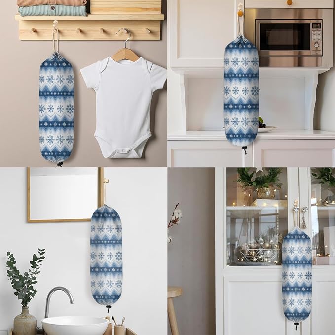 Winter Snowflake Plastic Bag Holder Blue Snow Grocery Bag Storage Dispenser Washable Hanging Shopping Bags Carrier Reusable Wall Mount Trash Bag Organizer for Kitchen Pantry