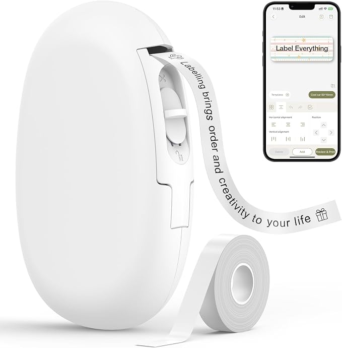 SUPVAN E10 Bluetooth Label Maker Machine with Tape, White | Fits Continuous & Die-Cut Waterproof Label, Easy App Editing, Rechargeable, Inkless, for School, Home, Kitchen, Office