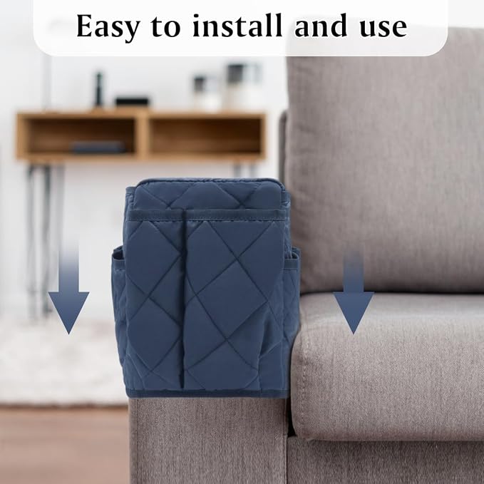 Remote Control Holder, Non Slip Bedside Armchair Caddy, Recliner Arm Caddy Armrest Organizer with 14 Pockets for Cell Phone TV Remote Control Magazines, Dark Blue