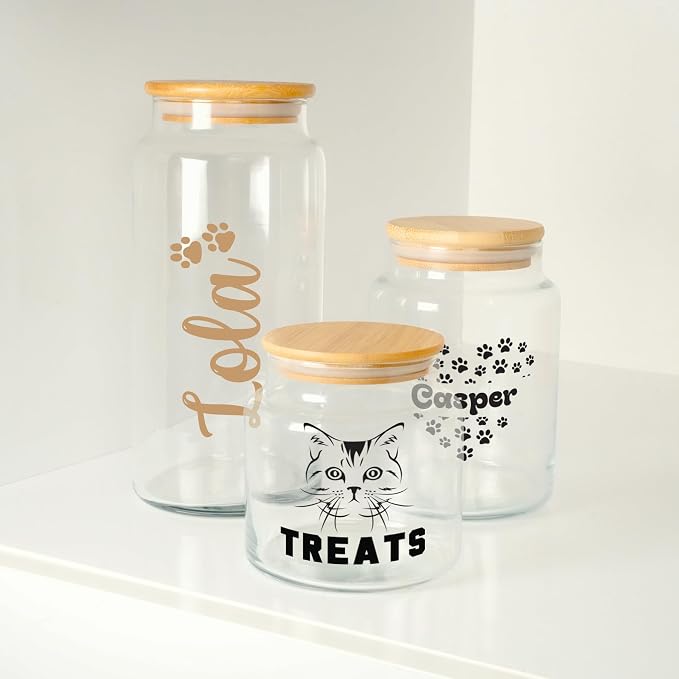 Personalized Dog Treat Container, Pet Food Storage Jar, Custom Glass Treat Storage Canister, Fur Baby Reward Jar with Wooden Lids, Gift for Pet Owners