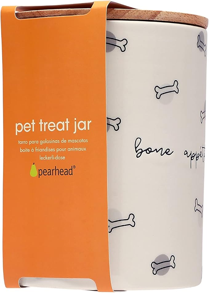 Pearhead Bone Appétit Ceramic Dog Treat Jar with Airtight Wooden Lid – Cute & Stylish Pet Treat Canister Keeps Dog Snacks Fresh – Durable, Easy-to-Clean Design, Kitchen Counter Décor, 4 Cup / 32 oz