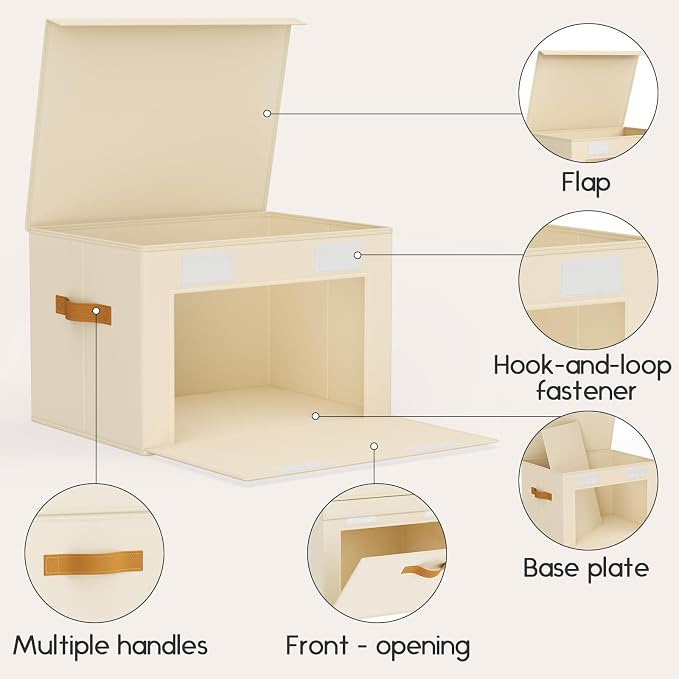 Homsorout Large Storage Bins with Lids - Front Opening Fabric Storage Bins, Flap Closet Organizer with Handles, Collapsible Boxes with Lid, Decorative Basket for Home, Dorm, 6 Pack, Beige