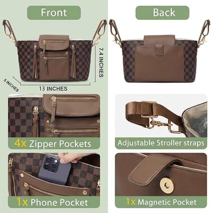 miss fong Checkered Stroller Caddy with Insulated Cup Holder Universal Stroller Organizer Bag Baby Storage Bag with Adjustable Strap, Fits for Baby Carriage like Uppababy, Baby Jogger, Umbrella