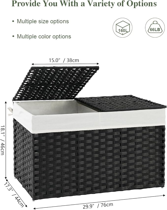 SETVSON Storage Basket with Lid Wicker Baskets for Storage, 160L Black | 42.3 Gallon Dual Lid Jumbo Blanket Storage Trunk, Divided Clothes Organizer, 2 Washable Liner Bags, Collapsible PE Rattan Bin