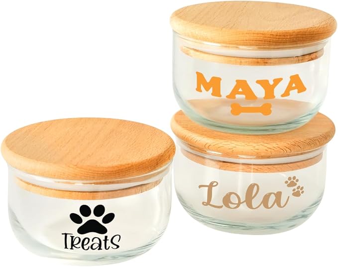 Personalized Dog Treat Container, Pet Food Storage Jar, Custom Glass Treat Storage Canister, Fur Baby Reward Jar with Wooden Lids, Gift for Pet Owners