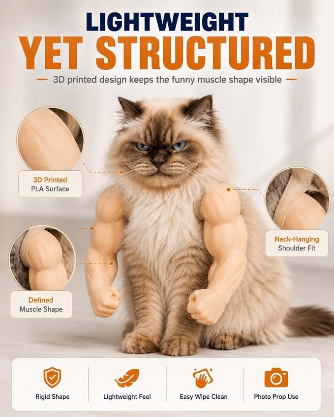 Cat Muscle Arms Pet Costume, Funny 3D Printed Buff Design, Lightweight Adjustable Neck Hanging Shoulder Outfit with Big Biceps Hands, Halloween Cosplay Photo Prop for Cats & Small Dogs, Large