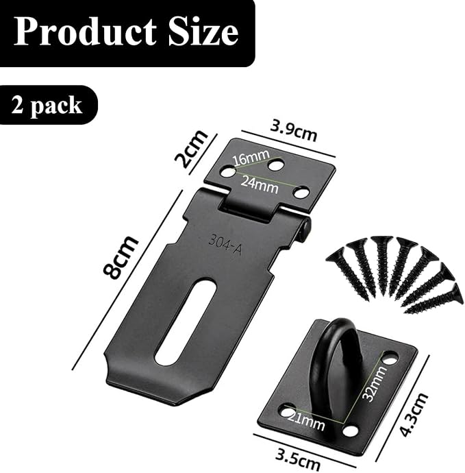 Black Door Padlock Hasp, 2 Pack Stainless Steel Security Gate Lock Latch, Heavy Duty Shed Lock with Screws, for Cabinet, Pet Cage, Crate, Fence, Window, External Doors (3 Inch)