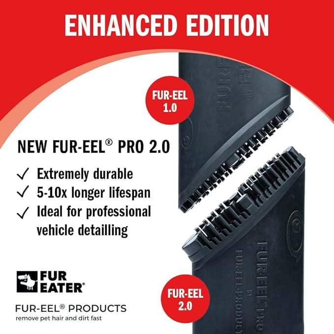 FUR-EEL PRO 2.0 Combo Pet Hair Removal Tool for Car Detailing | Universal Vacuum Attachment for Dog & Cat Hair | Fits 1-1/4" & 1-3/8" Hoses | Replaceable Soft Rubber Head | Washable & Reusable