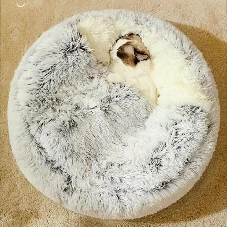 Cat Bed Round Fluffy Hooded Cat Bed Cave, Anti-Anxiety Cave Bed with Hooded Blanket, Cozy Cuddler Luxury Puppy Pet Bed, Anti-Slip Bottom and Machine Washable