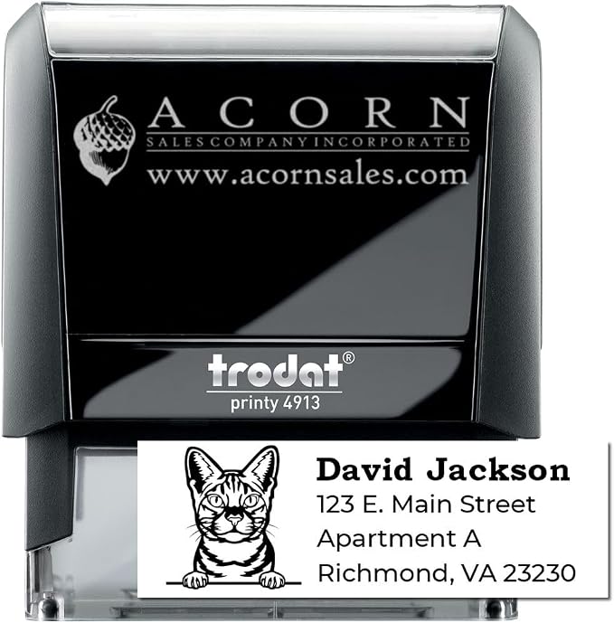 Peeking Ocicat Self-Inking Address Stamp - Custom Stamp for Mail | Address Stamper for Housewarming Gifts. Built-in refillable pad. Envelope Stamp with Ocicat Design. 4 case colors.
