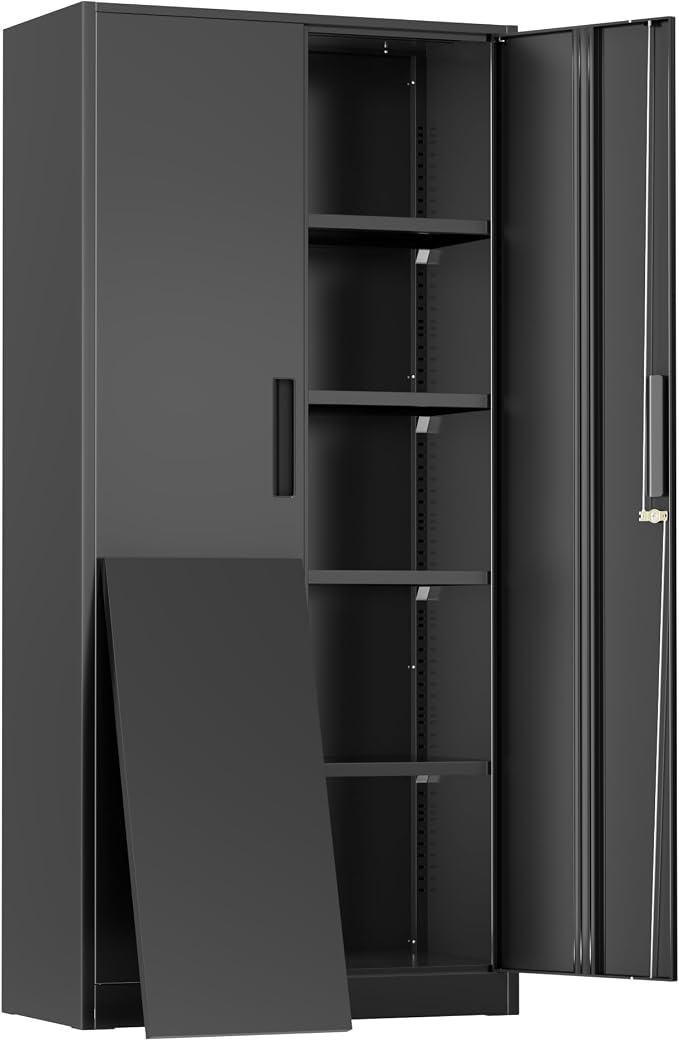Greenvelly Metal Cabinet, 72" Black Locking Metal Storage Cabinet with 2 Doors and 4 Adjustable Shelves, Lockable Garage Storage Cabinets for Home Office, Garage, Kitchen, Living Room