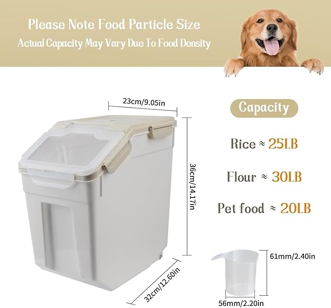 25LB Large Flour Storage Container Bin,4 Pack Airtight Plastic with Wheels Seal Locking Lid Dispenser Organizer Storage Bin with Measuring Cup & Scoop for Flour, Rice, Grain 100LBS Total，Grey