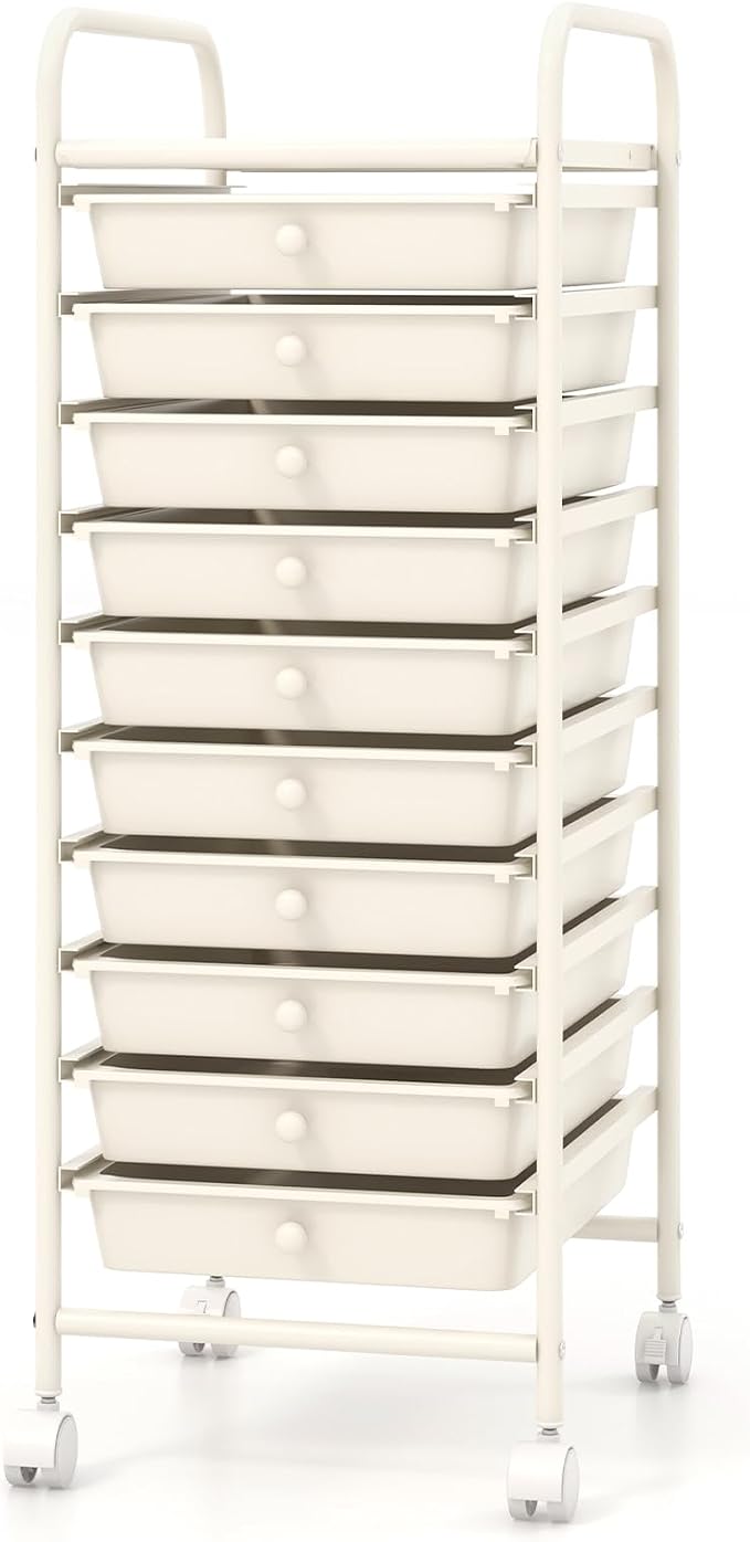 10 Drawer Rolling Storage Cart, Organization Cart on Drawers for Craft Makeup Paper Tool Art Supply, Versatile Utility Cart on Wheels for Home Office Classroom School (White)