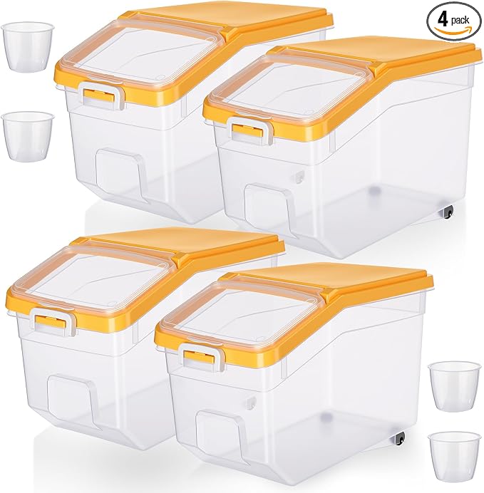 Sunnyray 4 Pcs Rice Storage Container 28 lb Airtight Flour Container with Wheels Measuring Cup Clear Pet Dog Birds Cat Food Bin Grain Cereal Organizer Box for Dry Baking Supplies(Yellow Lid)