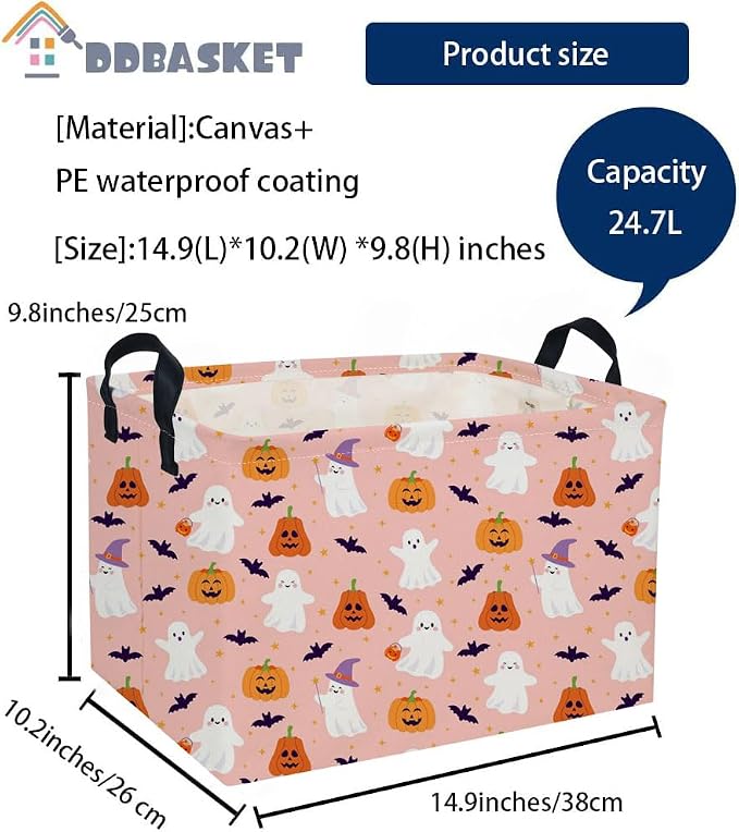 Rectangle Kids Baskets Hallowee Basket Pink Storage Bin Fish Box for Room Decor Gift Basket(Pink ghost)