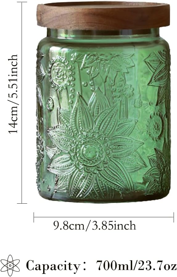 2-Pack Green Vintage Glass Jars, 23.7 oz Sunflower Embossed Food Canisters | Pantry organizer, coffee bean holder, tea container, sugar keeper, cookie holder, candy bin, oatmeal holder, countertop decor
