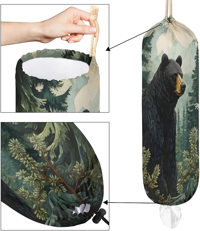 Forest Bear Plastic Bag Holder Green Tree Grocery Bag Storage Dispenser Washable Hanging Shopping Bags Carrier Reusable Wall Mount Trash Bag Organizer for Kitchen Pantry