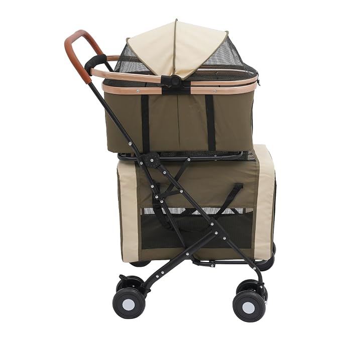 Pet Stroller, Portable Double Pet Stroller Cart with 4 Wheels, Heavy Duty Foldable Dog Cat Supplies, Multifunctional Carrying Storage Cat for Traveling with Pets, Shopping (Dark Green)