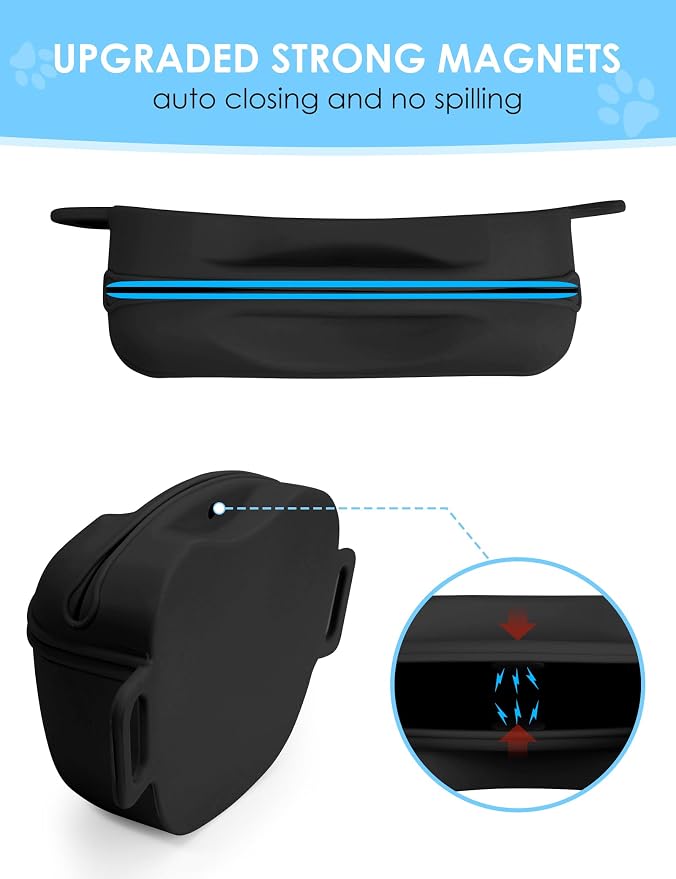 heouvo 1.67 Cup Magnetic Dog Treat Pouch with Training Clicker (Black) | Magnetic Closure, Silicone Bag with Waist Belt for Pet Training & Walking, Easy One-hand Treat Access