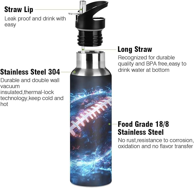 American Football Blue Lightning Water Bottle with Straw Lid Kids Insulated Stainless Steel Water Flask Sports, 20 Oz Hot Cold