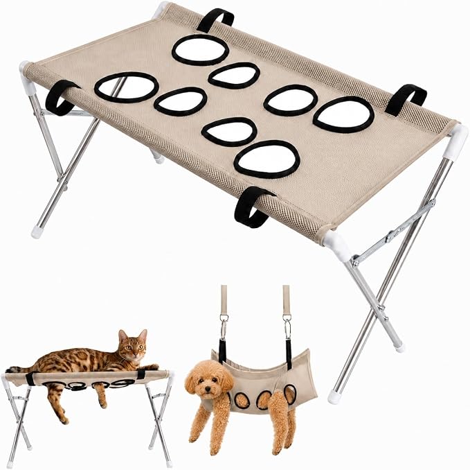 2-in-1 Foldable Pet Grooming Bed, Pet Shower Hammock (Khaki) | Structure with Stable Stainless Steel Frame & Quick-Dry Mesh Foldable Suitable for Pet Washing Maintenance Travel Grooming