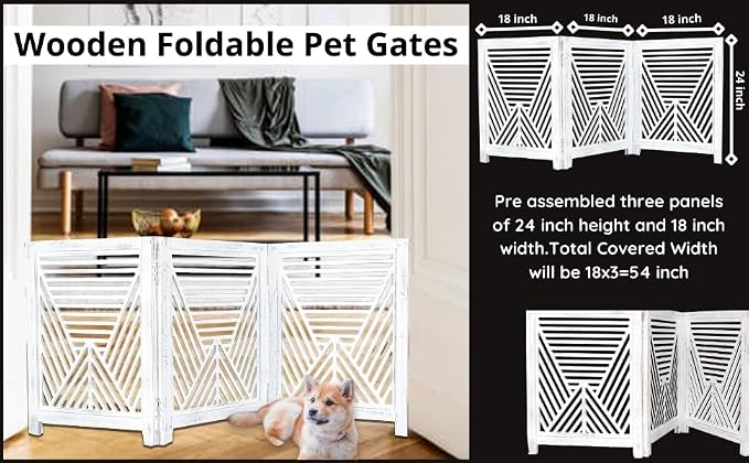 Lightnpro 3‑Panel Wooden Dog Gate – Antique White Foldable Freestanding Pet Barrier, Extra‑Wide Indoor Safety Fence for Small Dogs & Puppies – 24x54 Inch Decorative Finish