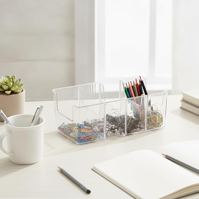 Compartment Storage Box with Dividers, Clear PET Plastic Organizer for Desk Supplies and Small Parts, 9.6 x 4.8 x 3.8 Inches (1 PC)